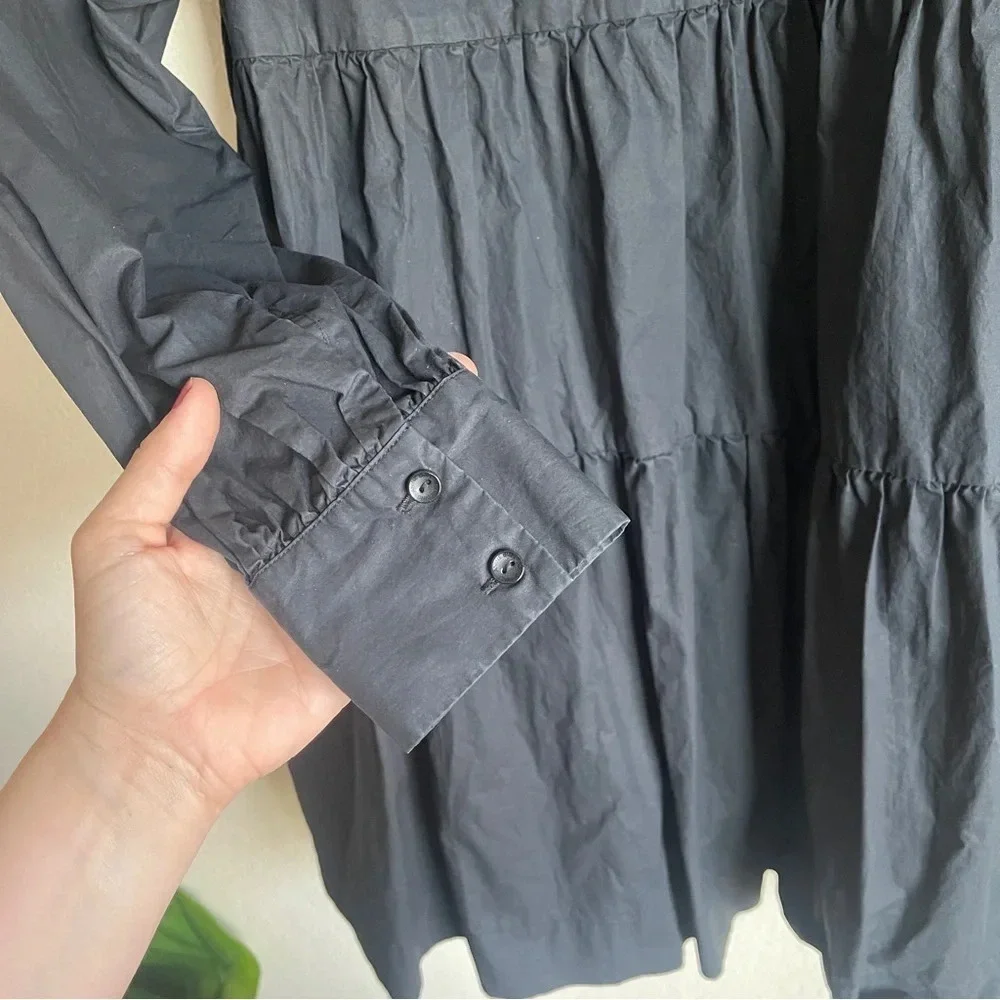 Anine Bing‎ Addison Dress Black Long Sleeve V Neck Poplin Mini Swing